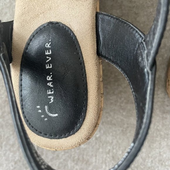 Wear Ever Sandals Womens 7.5 Black Faux Leather Floral Wedge Buckle 3" Heel - Picture 6 of 15